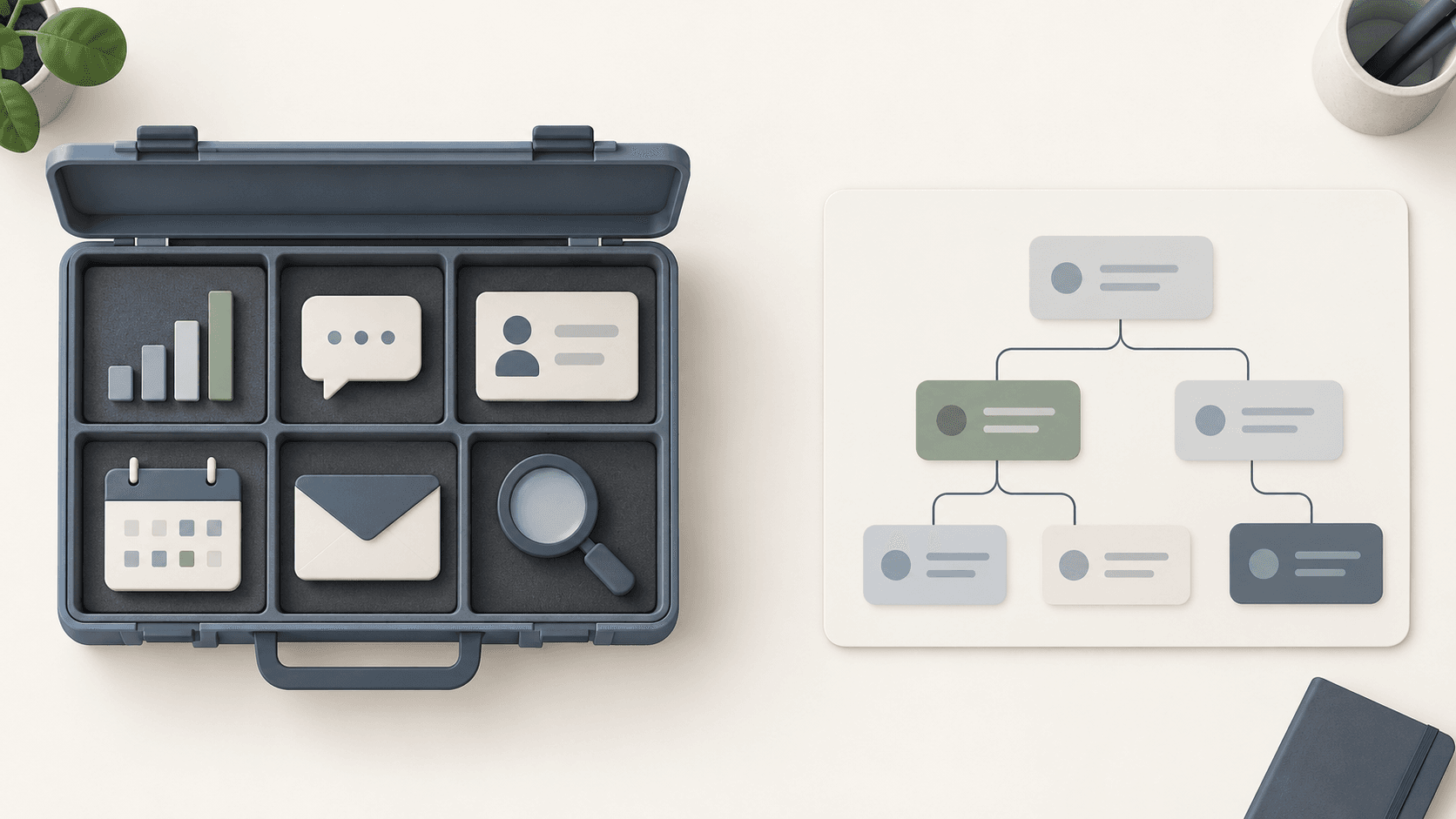 An open case holding tool icons for charts, chat, contacts, a calendar, email and search, next to a board with a branching flowchart of rounded cards, one in green